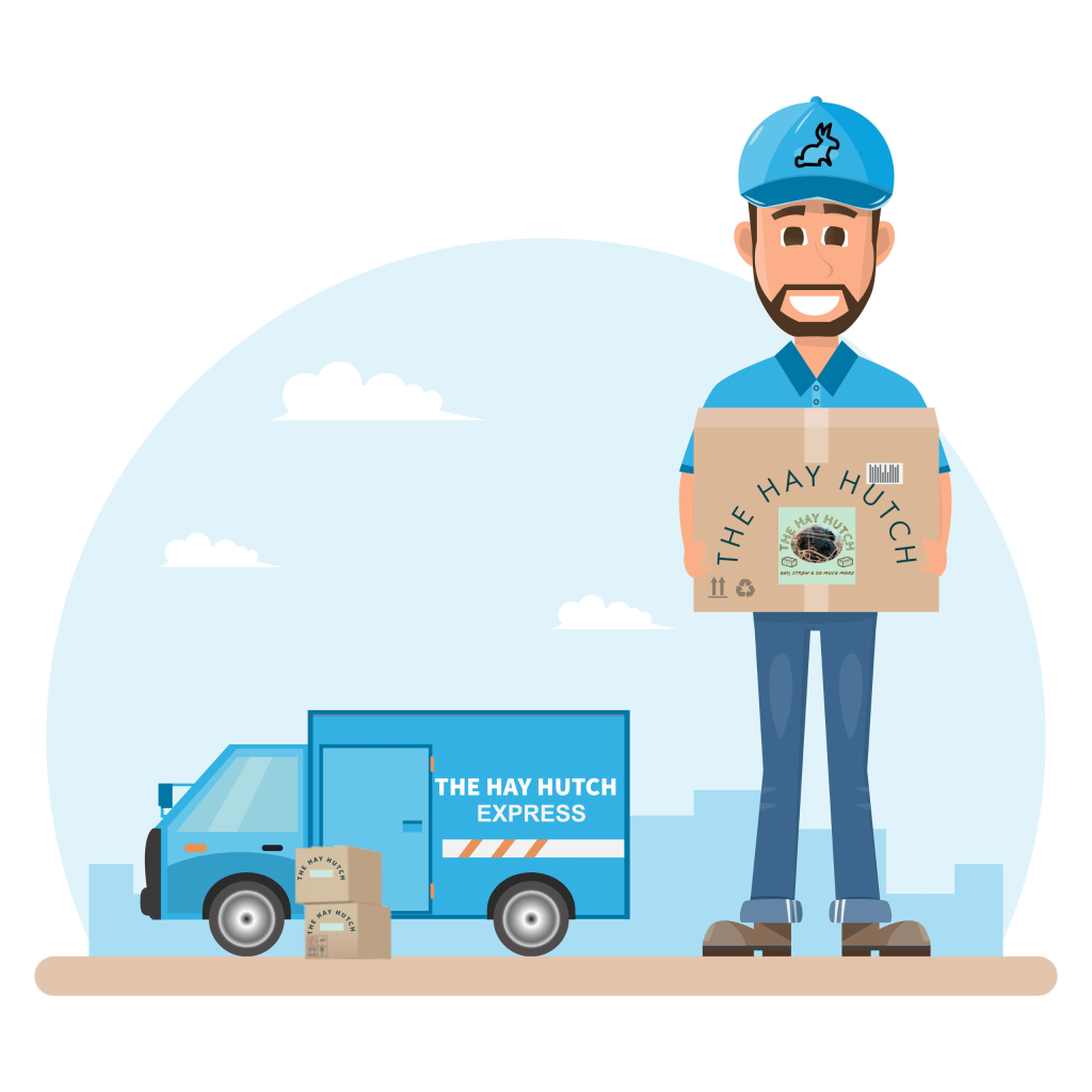 The Hay Hutch driver holding a Devon hay box for a flexible hay box subscription beside The Hay Hutch Express van