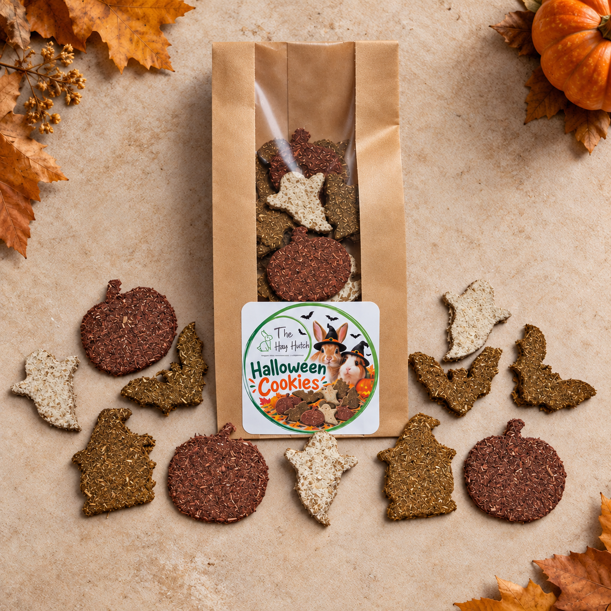 Labelled kraft bag of Halloween hay cookies with ghost, bat, witch and pumpkin shapes