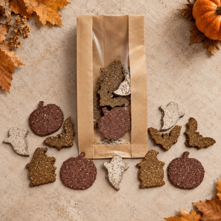 Bag of Halloween hay cookies surrounded by their seasonal shapes